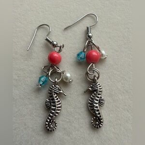 ❤️‍🔥 Seahorse Charm Earrings with Coral Blue Pearl Accents